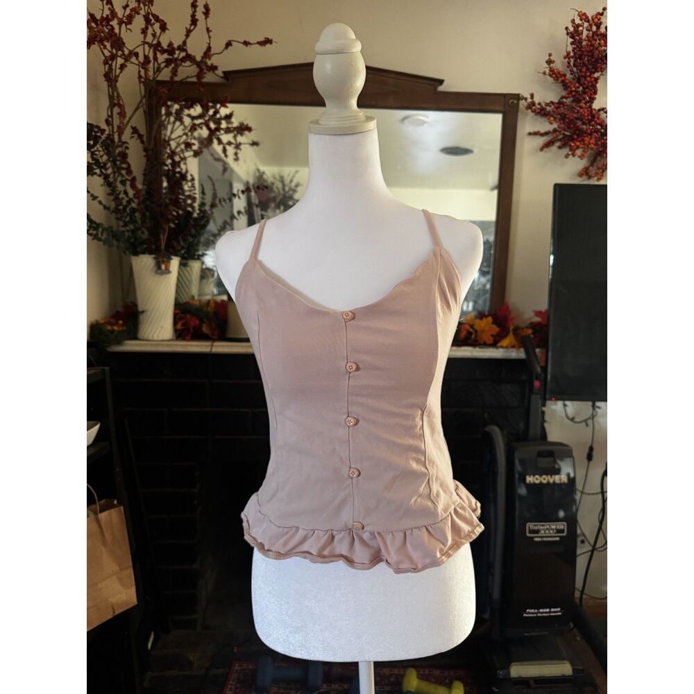GUESS Womens M Pink Cami Tank Top Ruffle Peplum Smocked Button Front Y2K